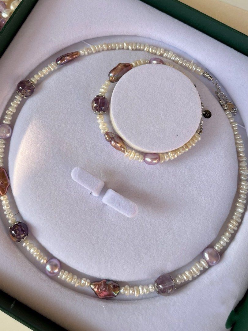 #PN235 Cool Down| Freshwater Pearl Necklace & Bracelet Set |Natural Purple Quartz |Tiny Baroque Pearl