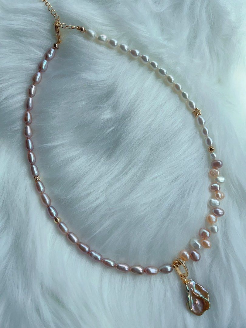 #PN284 Radiance of the Sea| Freshwater Pearl Necklace | Wheat Ears Design| Removable Pendant | Lustrous | Big Petal Pearl | Rice Pearl