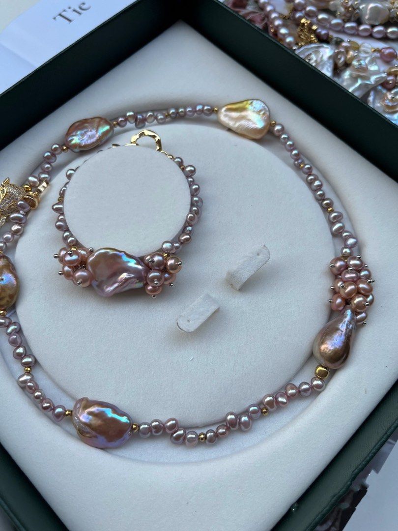 #PN167 [Floral Series] Gilt & Purple Big Baroque Pearl Necklace & Bracelet Set |Zircon Leopard Clasp