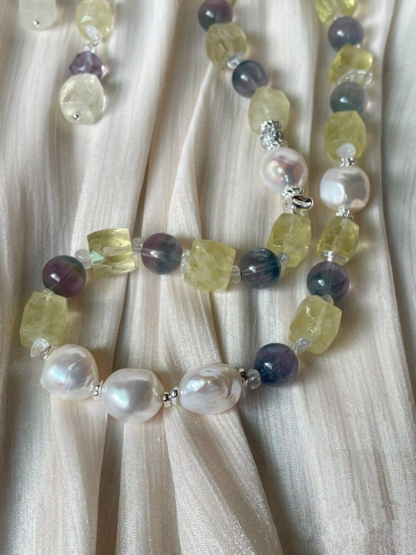 #PN53 Lemon Juice | Freshwater Pearl Necklace & Earrings Set| Lemon Quartz Freeform | Colourful Fluorite |11/12mm Big Baroque Pearl |Strong Presence