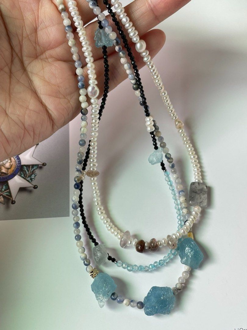 #PN34 Charmed Combinations |Freshwater Pearl Necklace |Multi-layer|Aquamarine |Black Spinel|Sodalite|Elegant