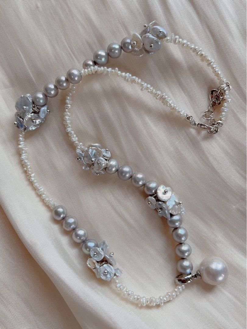 #PN157 [Floral Series] Genuine Freshwater Pearl Necklace |Silver Grey|Removable Edison Pendant |Baby Petals Pearl