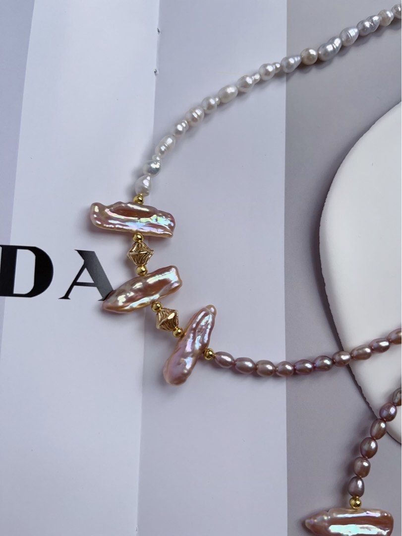 #PN76 [Hybrid Design] Freshwater Pearl Necklace |Half White Half Purple |Baroque Pearl |Gourd Shaped |Lute Shaped |Lustrous