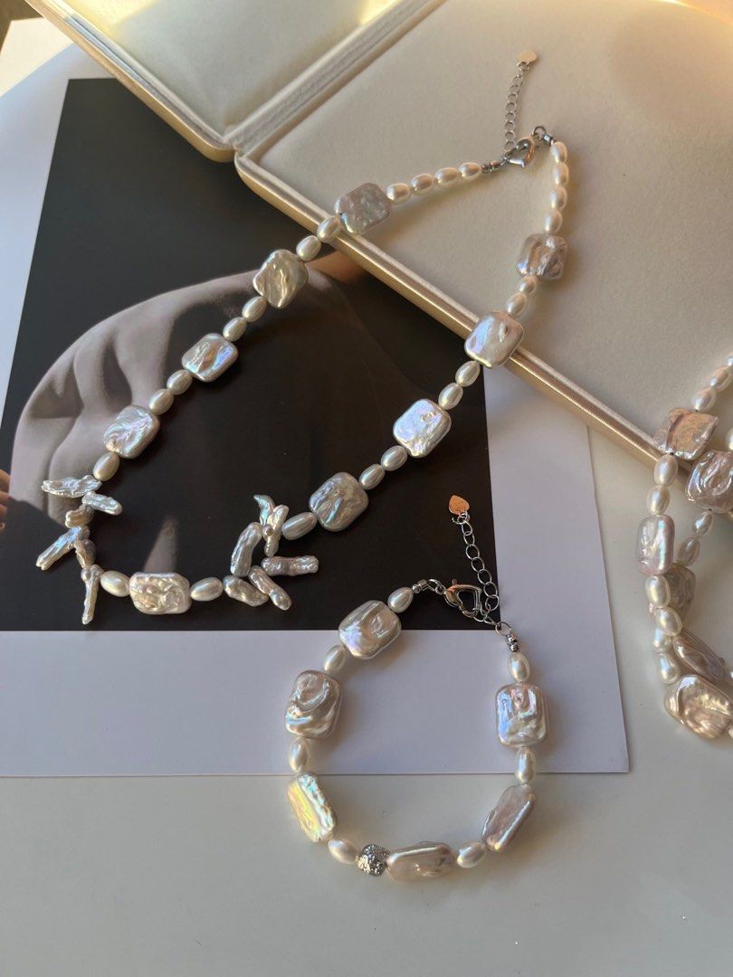 #PN205 White Wind|Freshwater Pearl Necklace & Bracelet Set |Rice Pearl |Square Shaped Pearl |Lute Shaped Pearl |Good Lustre