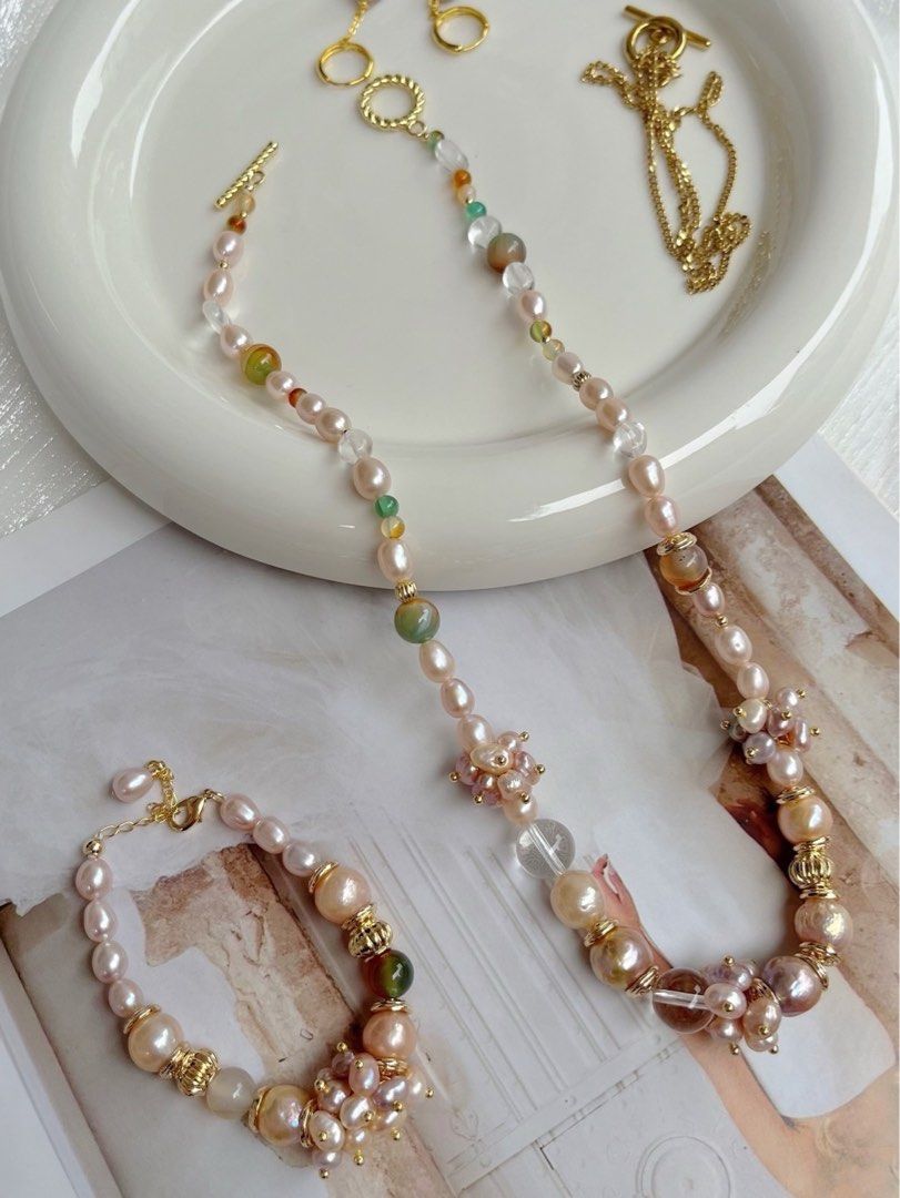 #PN140 [Floral Series] Hot Summer|Freshwater Pearl Necklace & Chian Necklace & Bracelet Set|Natural Stones |Quartz|Multi Wear