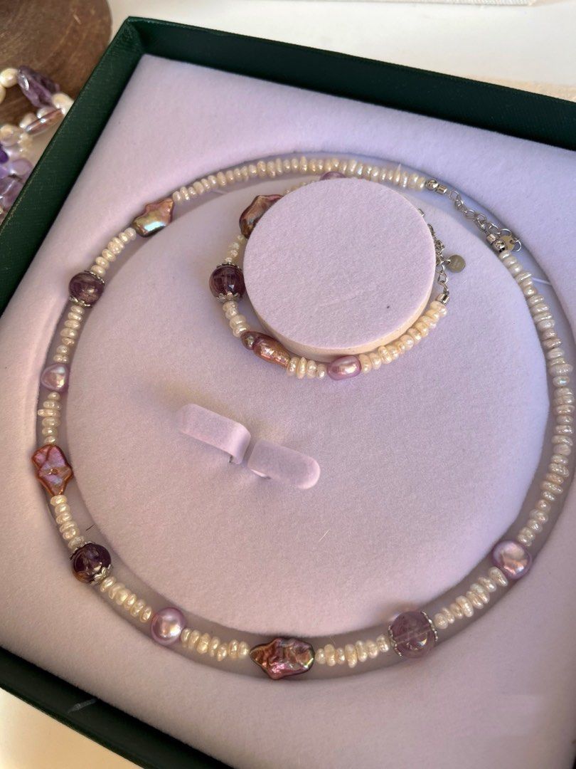 #PN235 Cool Down| Freshwater Pearl Necklace & Bracelet Set |Natural Purple Quartz |Tiny Baroque Pearl