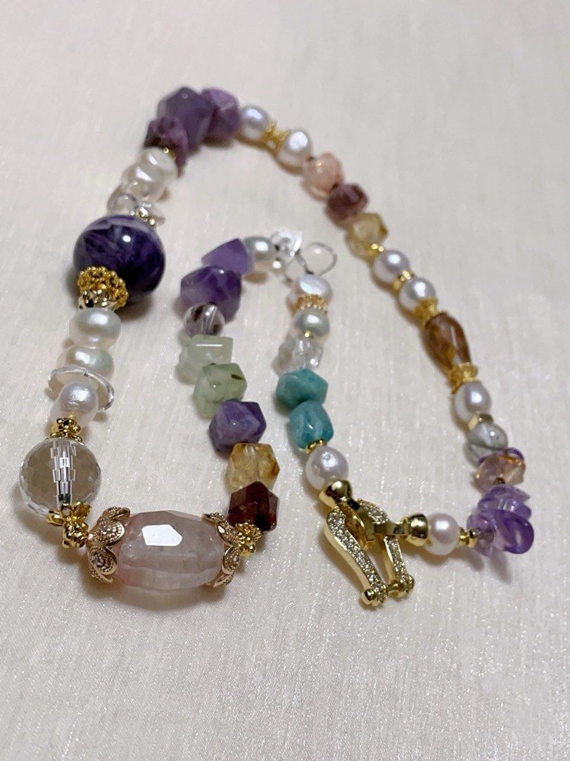 #PN60 Celestial Cascade | Freshwater Pearl Necklace | Stone Baroque Pearl | Big Chevron Amethyst | Amethyst Freeform| Prehnite| Citrine | Fire Quartz