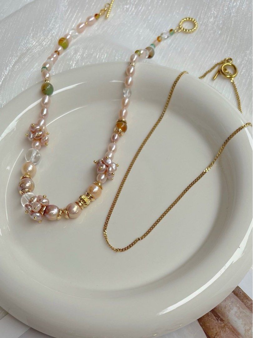 #PN140 [Floral Series] Hot Summer|Freshwater Pearl Necklace & Chian Necklace & Bracelet Set|Natural Stones |Quartz|Multi Wear
