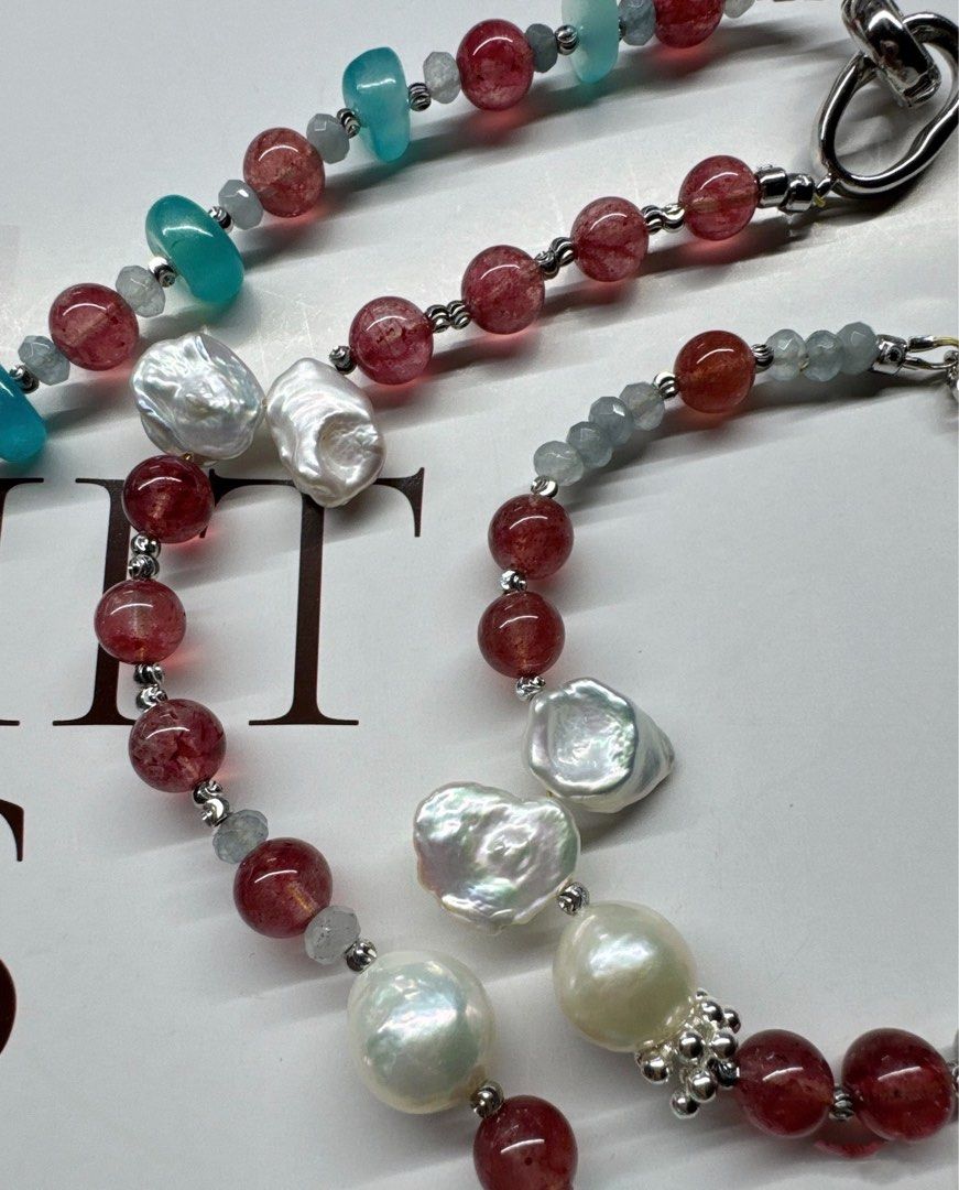 #PN220 [Sale] Sky Bird|Freshwater Pearl Necklace & Bracelet Set |Strawberry Quartz |White Quartz |Baroque Pearl |Amazonite|Petal Pearl
