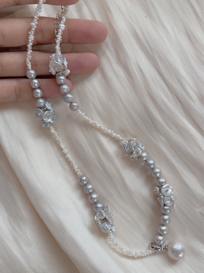#PN157 [Floral Series] Genuine Freshwater Pearl Necklace |Silver Grey|Removable Edison Pendant |Baby Petals Pearl