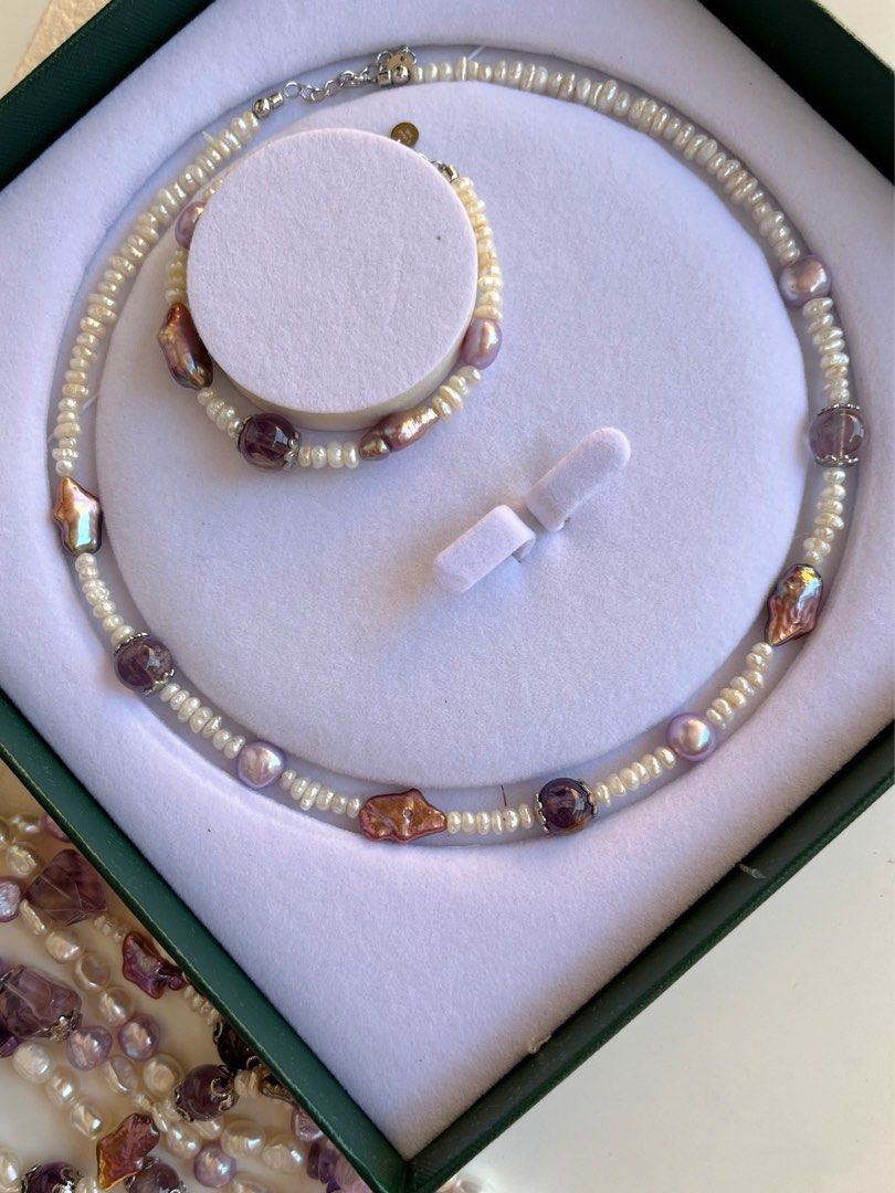 #PN235 Cool Down| Freshwater Pearl Necklace & Bracelet Set |Natural Purple Quartz |Tiny Baroque Pearl