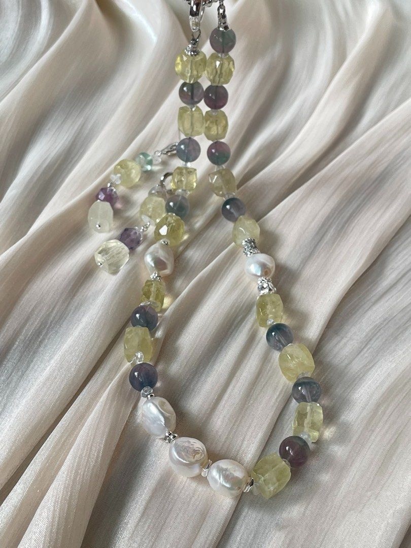 #PN53 Lemon Juice | Freshwater Pearl Necklace & Earrings Set| Lemon Quartz Freeform | Colourful Fluorite |11/12mm Big Baroque Pearl |Strong Presence