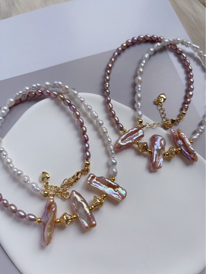 #PN76 [Hybrid Design] Freshwater Pearl Necklace |Half White Half Purple |Baroque Pearl |Gourd Shaped |Lute Shaped |Lustrous