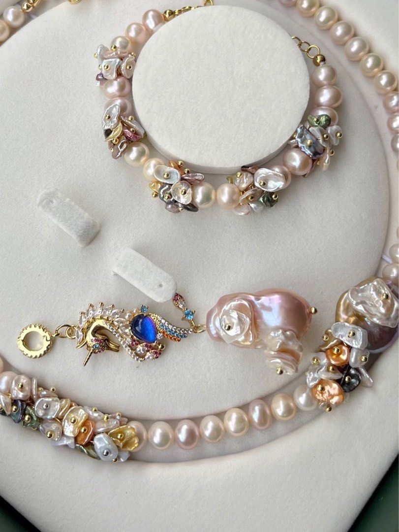 #PN127 [Floral Series] Handmade Original Design | Rainbow Petals| Freshwater Pearl Bracelet & Necklace Set | Colourful Pearl Petals| Gorgeous Removable Pendant |French Garden Style