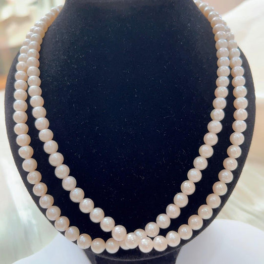 #PN93 Double-layered Genuine Freshwater Pearl Necklace White Round Pearls 5mm