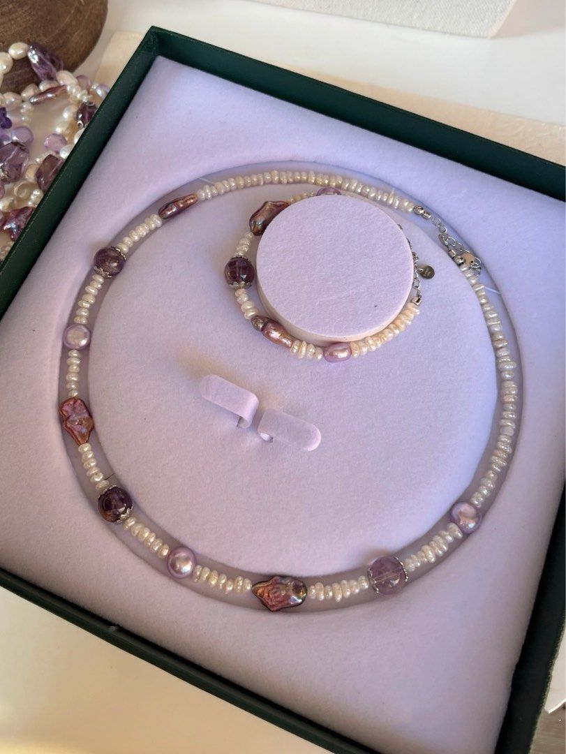 #PN235 Cool Down| Freshwater Pearl Necklace & Bracelet Set |Natural Purple Quartz |Tiny Baroque Pearl