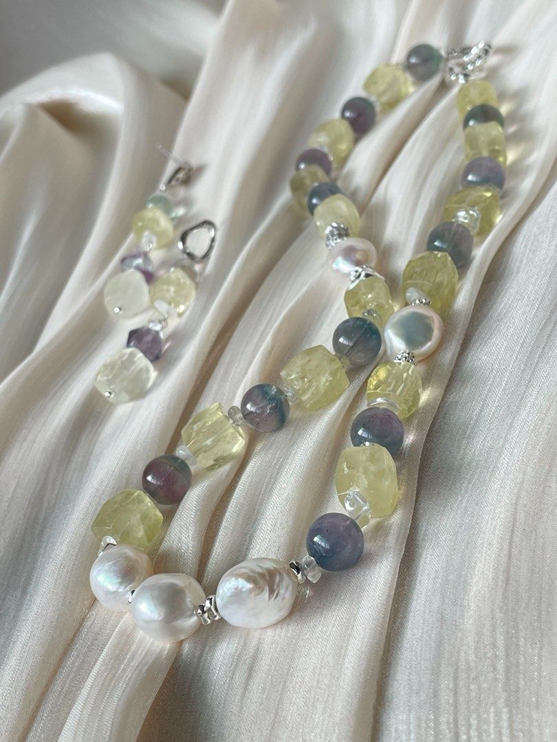 #PN53 Lemon Juice | Freshwater Pearl Necklace & Earrings Set| Lemon Quartz Freeform | Colourful Fluorite |11/12mm Big Baroque Pearl |Strong Presence