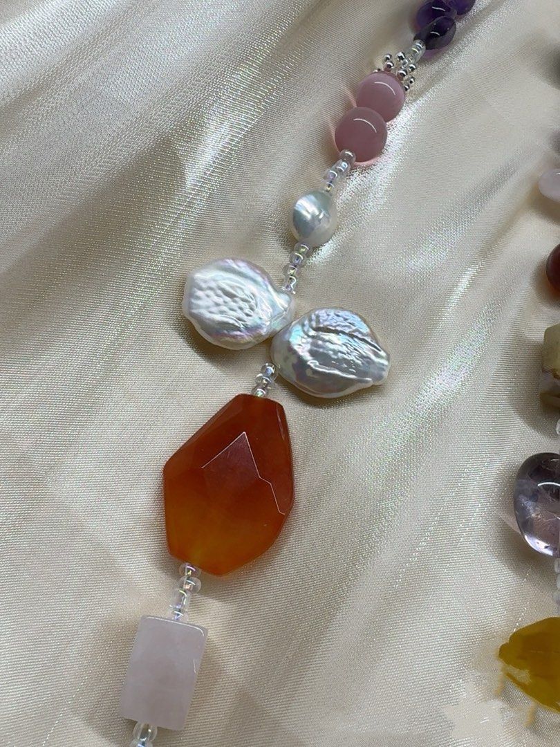 #PN16 Dreamy Connection | Freshwater Pearl Necklace | Big Faceted Agate| Amethyst Freeform |Big Petal Pearl |Rose Quartz Square |Garnet|Clear Quartz Faceted
