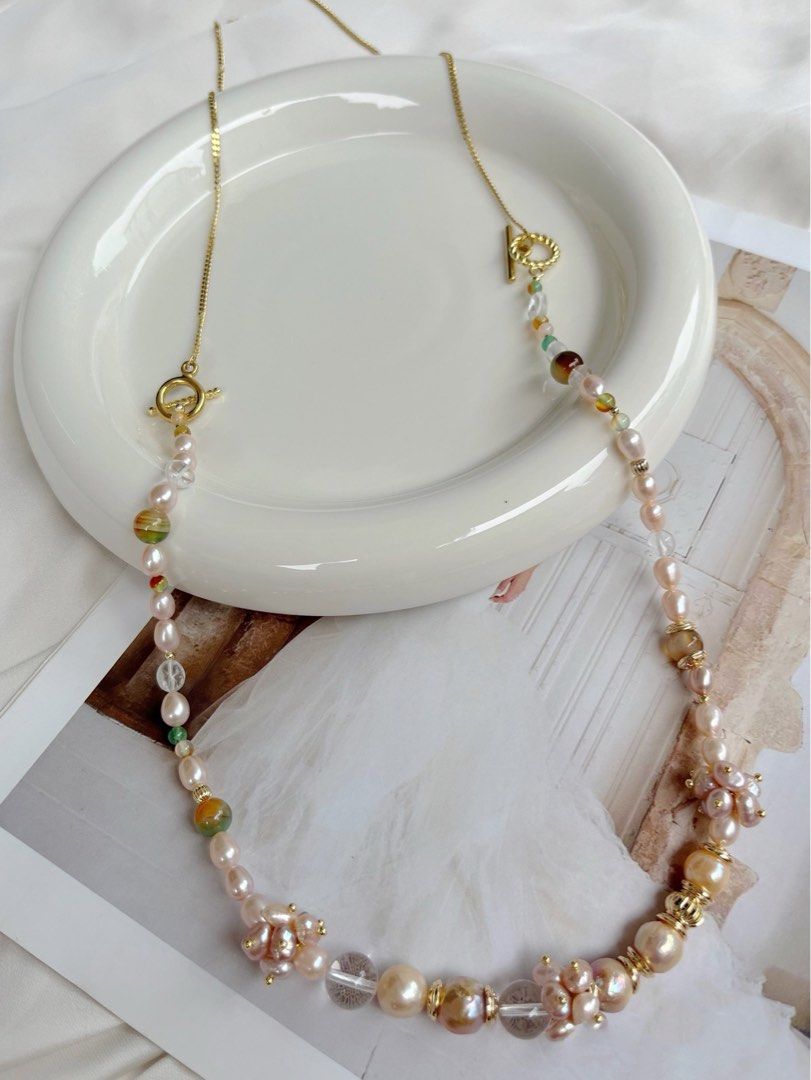 #PN140 [Floral Series] Hot Summer|Freshwater Pearl Necklace & Chian Necklace & Bracelet Set|Natural Stones |Quartz|Multi Wear