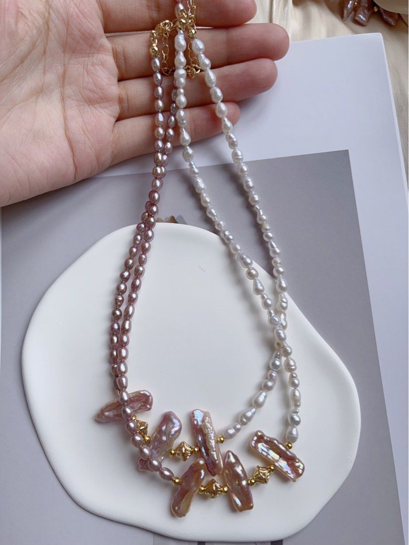 #PN76 [Hybrid Design] Freshwater Pearl Necklace |Half White Half Purple |Baroque Pearl |Gourd Shaped |Lute Shaped |Lustrous
