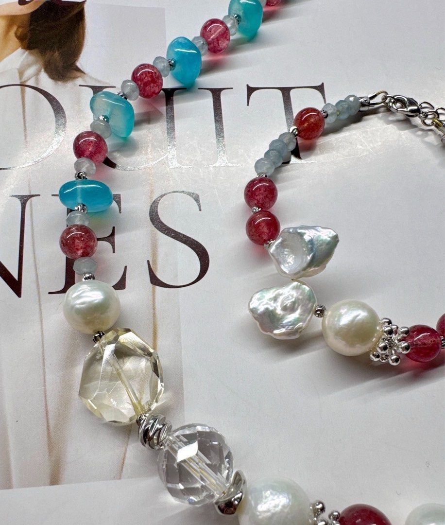 #PN220 [Sale] Sky Bird|Freshwater Pearl Necklace & Bracelet Set |Strawberry Quartz |White Quartz |Baroque Pearl |Amazonite|Petal Pearl