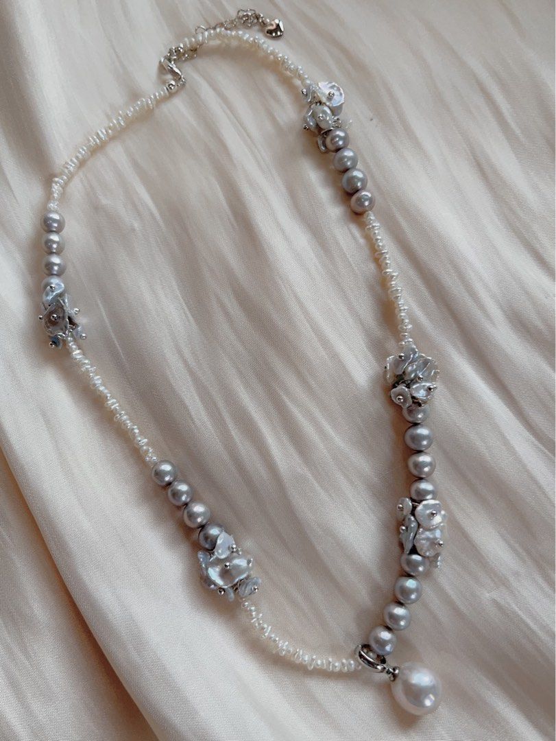 #PN157 [Floral Series] Genuine Freshwater Pearl Necklace |Silver Grey|Removable Edison Pendant |Baby Petals Pearl