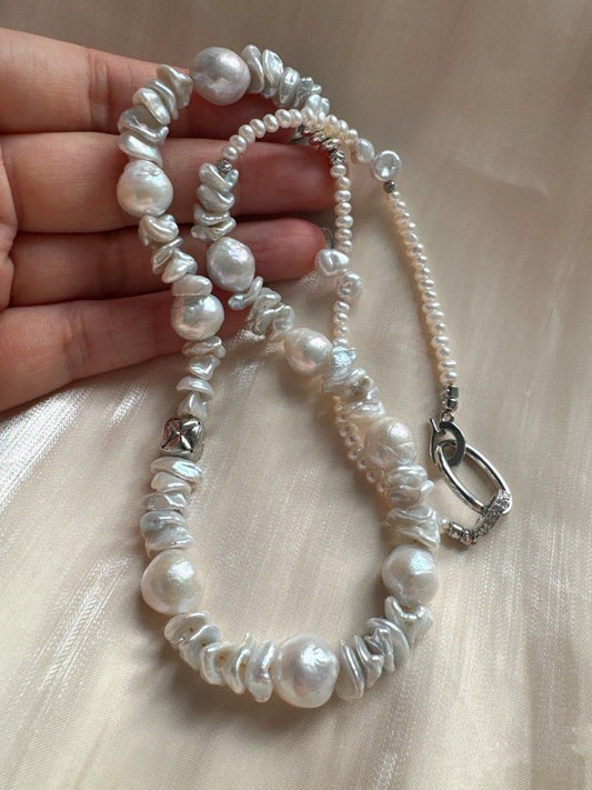 #PN51 Vintage Elegance| Freshwater Pearl Necklace | Layered Petals| Big & Baby Baroque Pearl | Silver-grey Lustre