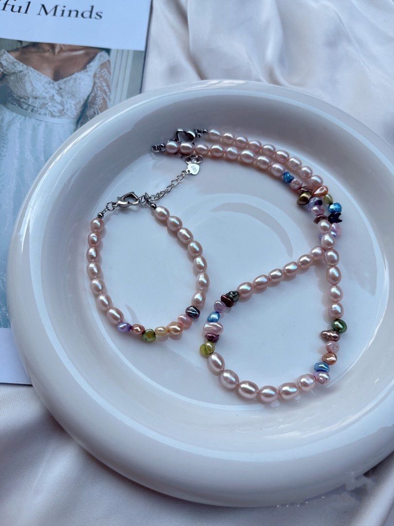 #PN191 [Sale]Popular Dopamine Colour Freshwater Baroque Pearl Necklace & Bracelet Set |Colourful Petals Pearl