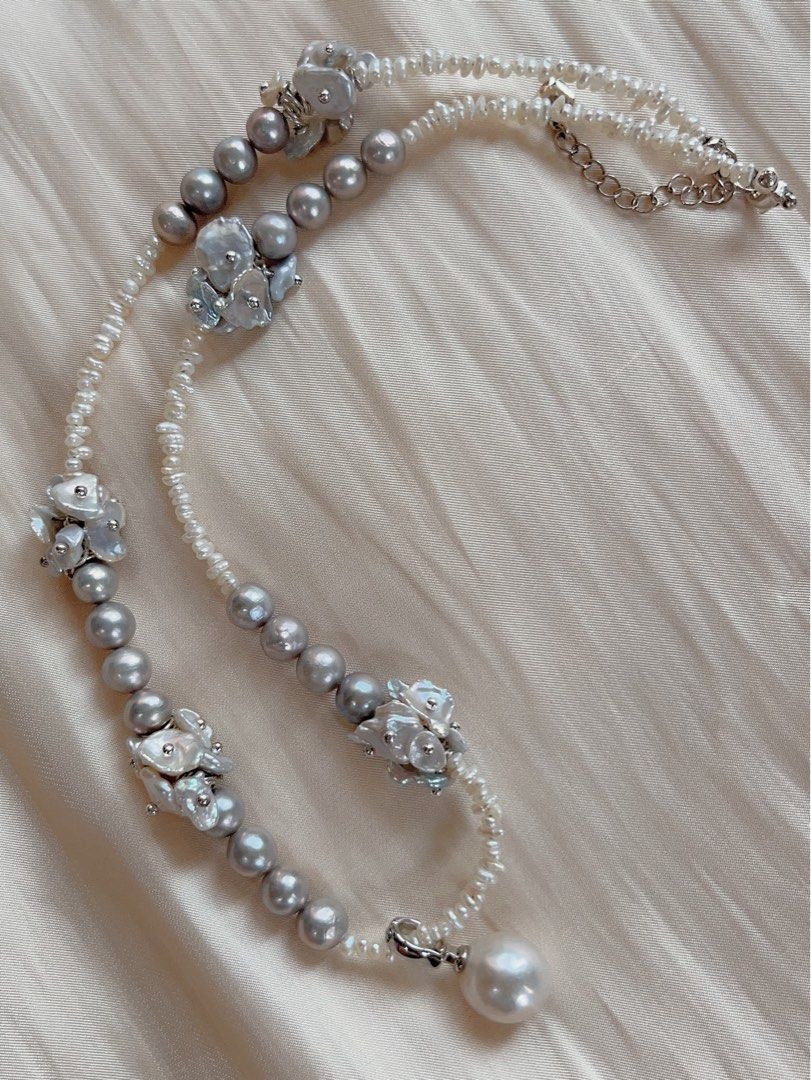 #PN157 [Floral Series] Genuine Freshwater Pearl Necklace |Silver Grey|Removable Edison Pendant |Baby Petals Pearl