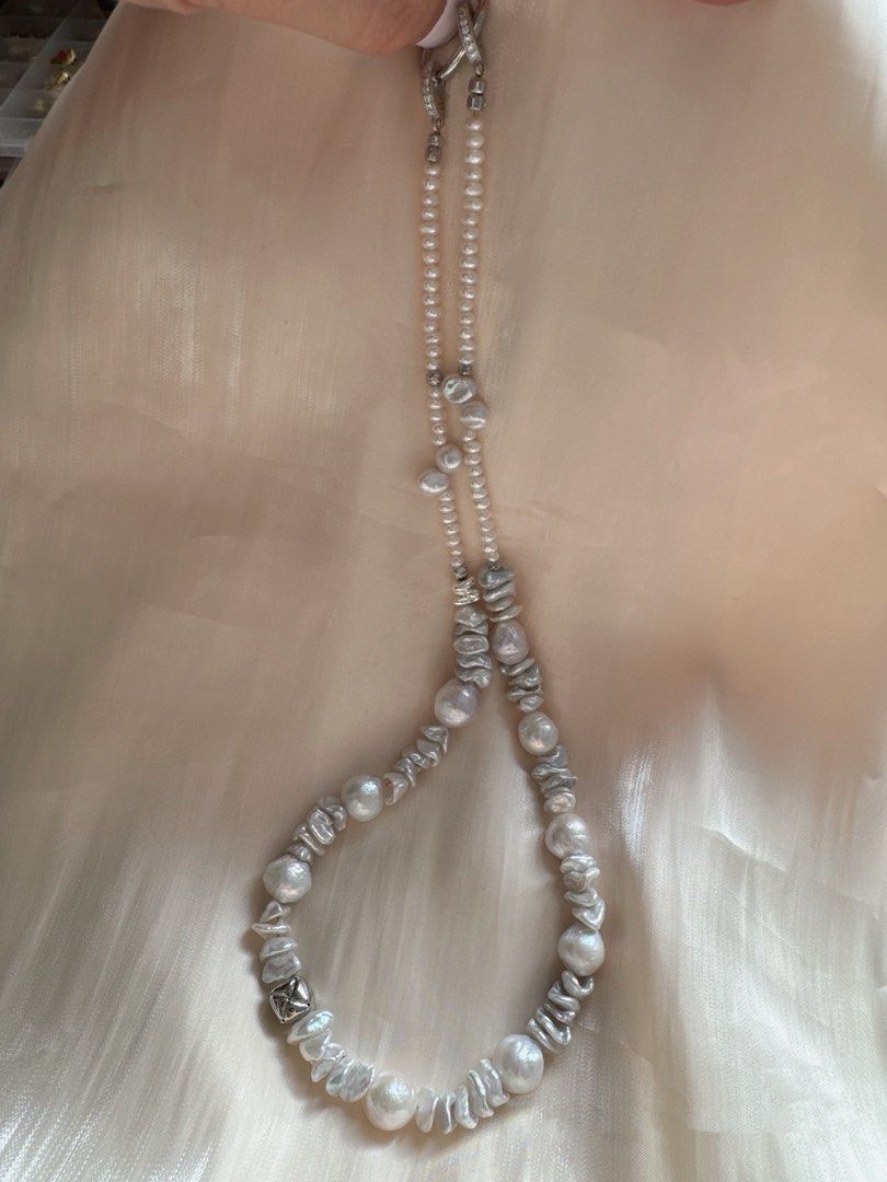 #PN51 Vintage Elegance| Freshwater Pearl Necklace | Layered Petals| Big & Baby Baroque Pearl | Silver-grey Lustre