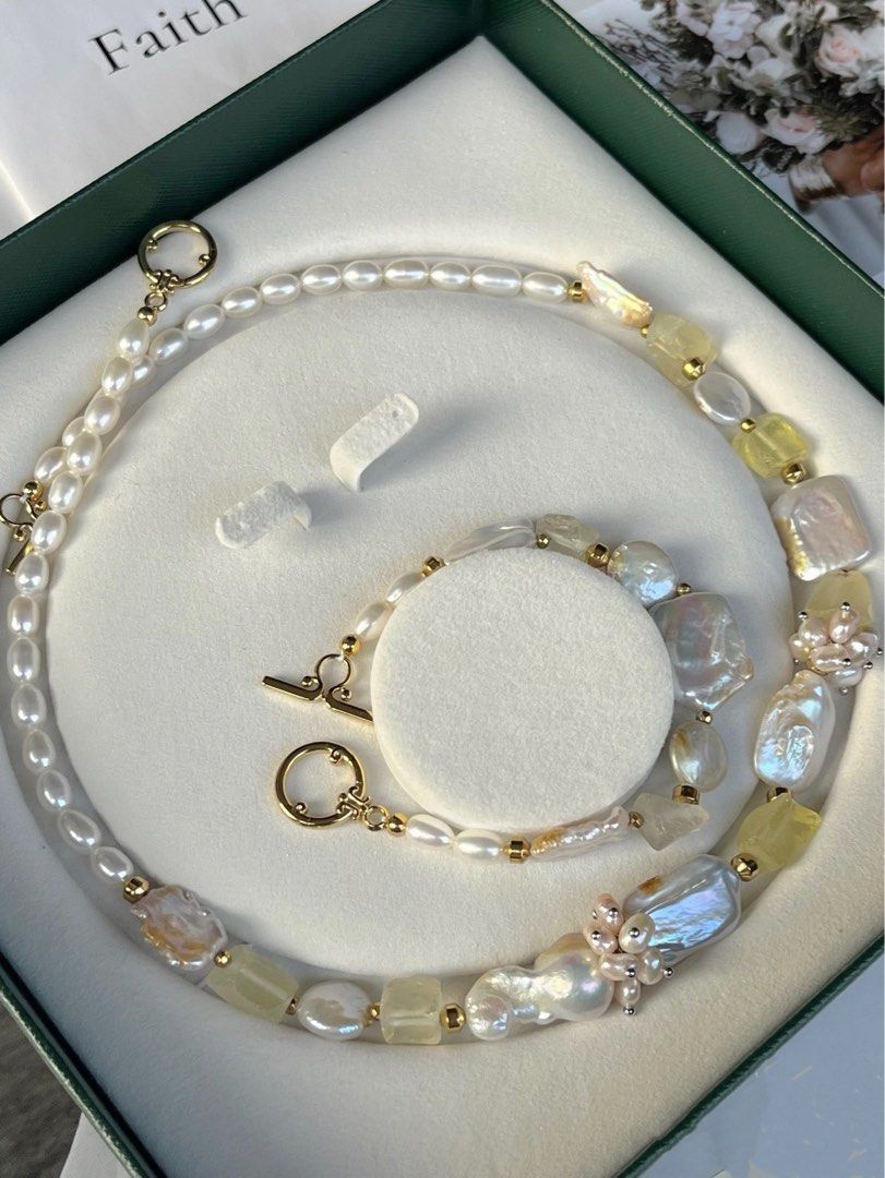 #PN236 [Floral Series] Light Wind| Freshwater Pearl Necklace & Bracelet Set |Raw Lemon Yellow Quartz| Petal Pearl
