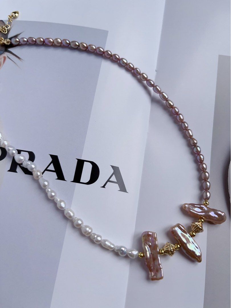 #PN76 [Hybrid Design] Freshwater Pearl Necklace |Half White Half Purple |Baroque Pearl |Gourd Shaped |Lute Shaped |Lustrous