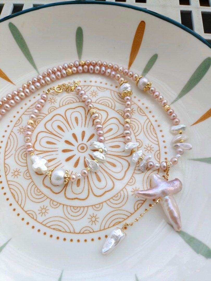 #PN63 [Sale]Pink-Purple Baroque Pearl Necklace & Bracelet |Cross Pearl