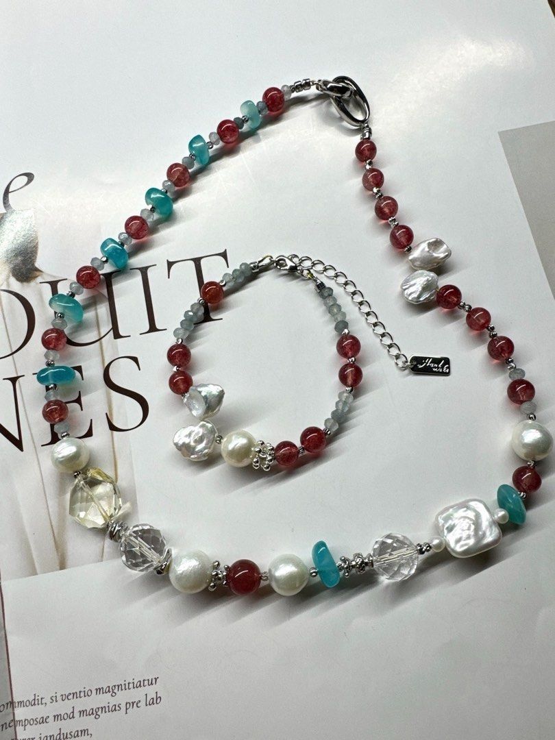 #PN220 [Sale] Sky Bird|Freshwater Pearl Necklace & Bracelet Set |Strawberry Quartz |White Quartz |Baroque Pearl |Amazonite|Petal Pearl