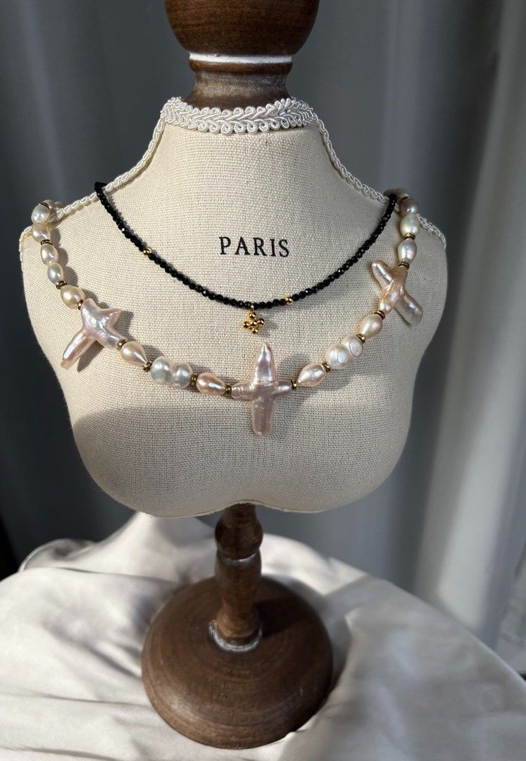 #PN55 White Rose| Freshwater Pearl Necklace |Double-layered|Black Spinel|Big Cross Shaped Pearl|Baroque Pearl |Can Wear Separately