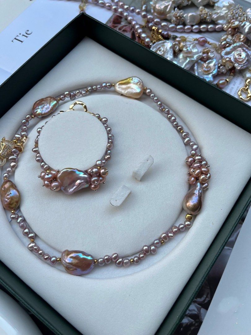 #PN167 [Floral Series] Gilt & Purple Big Baroque Pearl Necklace & Bracelet Set |Zircon Leopard Clasp