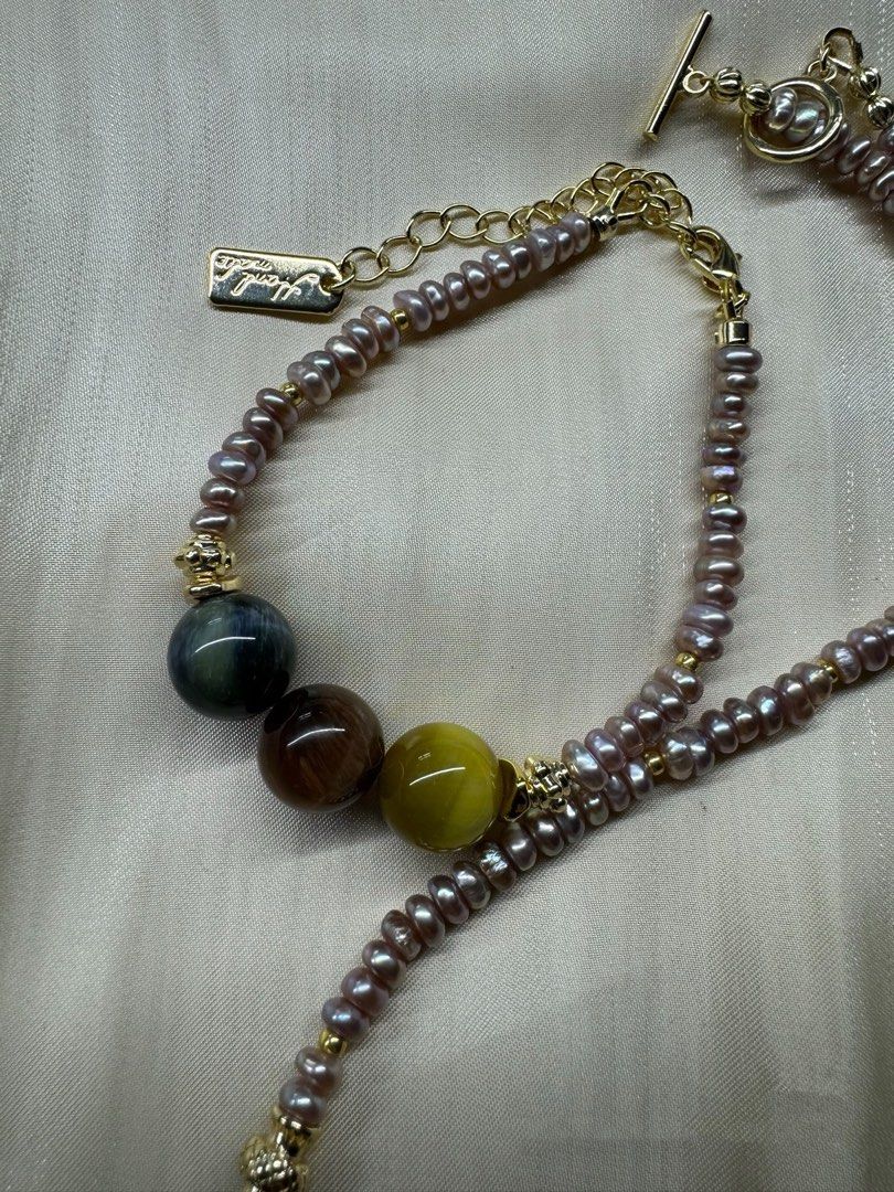 #PN23 Mysterious Eyes|Freshwater Pearl Necklace & Bracelet & Earrings Set|Tiger’s Eye Stone|Baby Baroque Pearl |Lustrous