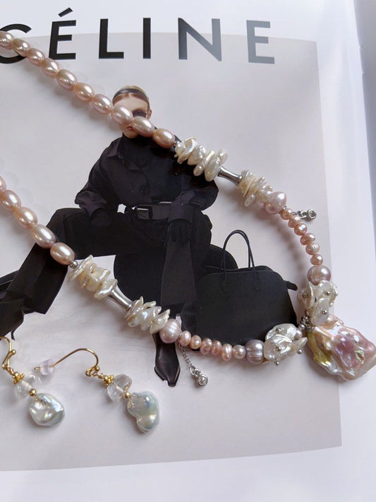 #PN141 [Floral Series] Original Design & Handmade |Genuine Freshwater Pearl Necklace & Earrings Set|Colourful|Big Baroque Pearl Pendant |Silver Style |Irregular ”Stone” Shaped Earrings