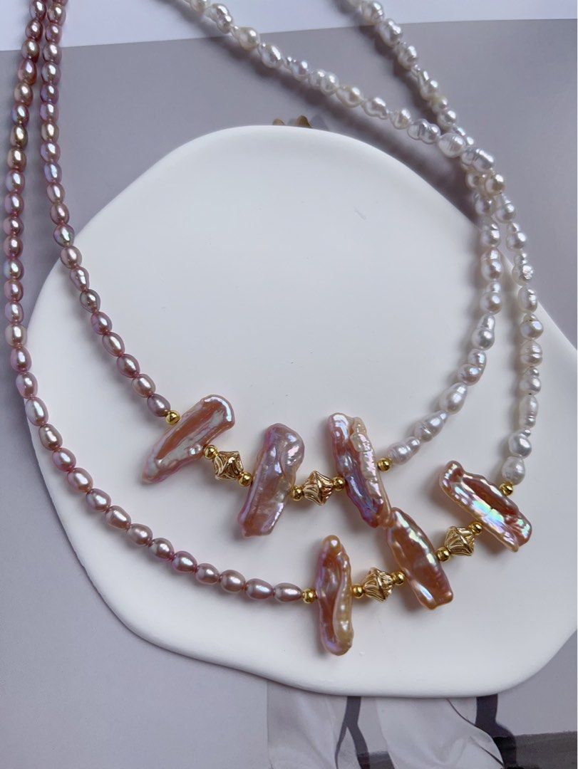 #PN76 [Hybrid Design] Freshwater Pearl Necklace |Half White Half Purple |Baroque Pearl |Gourd Shaped |Lute Shaped |Lustrous