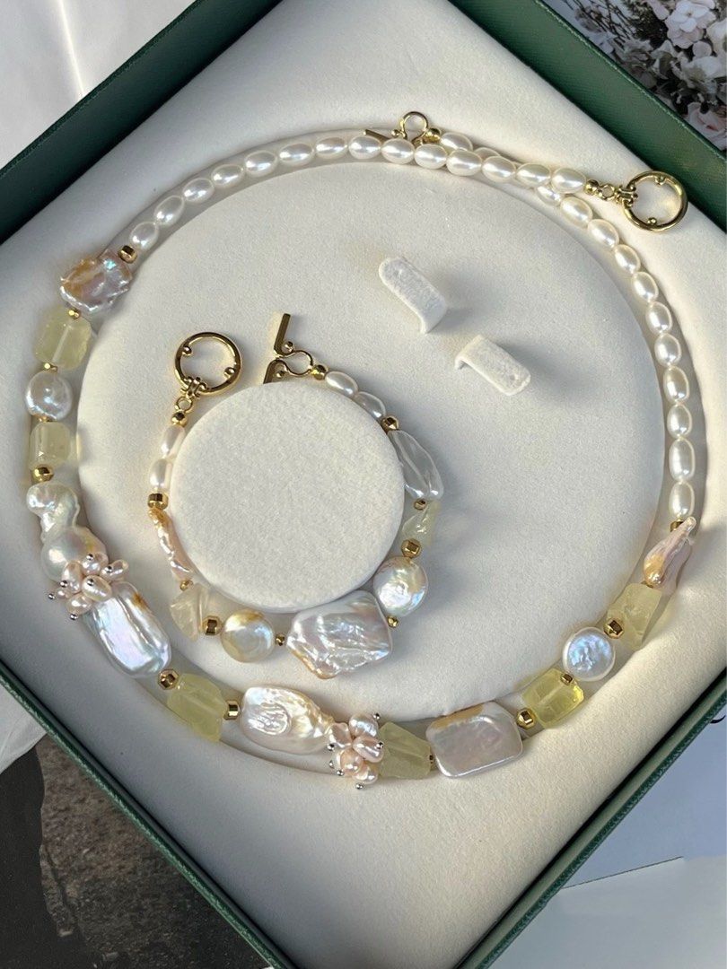 #PN236 [Floral Series] Light Wind| Freshwater Pearl Necklace & Bracelet Set |Raw Lemon Yellow Quartz| Petal Pearl