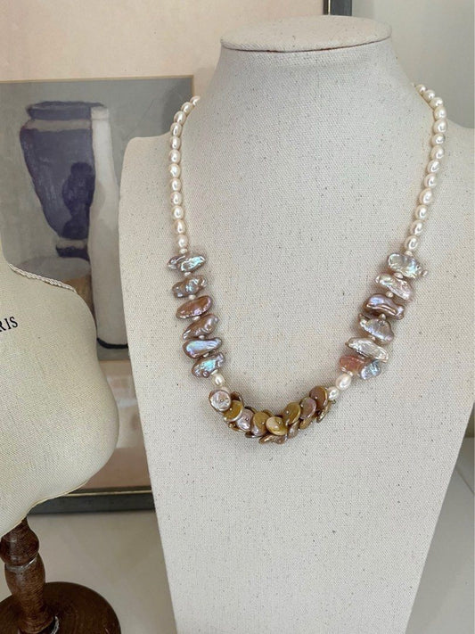 #PN24 [Floral Series] Under the Sea |Freshwater Pearl Necklace & Bracelet Set | Coin Pearl Made into Petals|Big Lute Shaped Pearl |Lustrous