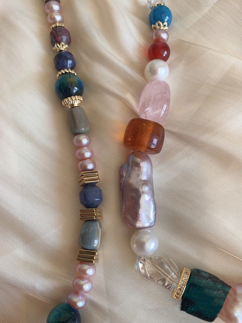 #PN206 Handmade Original Design Freshwater Pearl Necklace & Bracelet Set|Baroque Pearl |Edison Pearl |Natural Stones |Rose Quartz|White Agate|Red & Green Fluorite