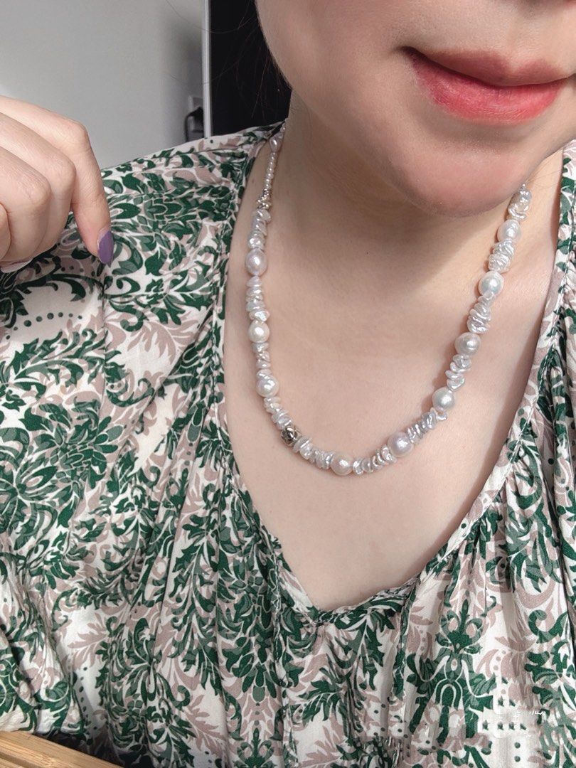 #PN51 Vintage Elegance| Freshwater Pearl Necklace | Layered Petals| Big & Baby Baroque Pearl | Silver-grey Lustre