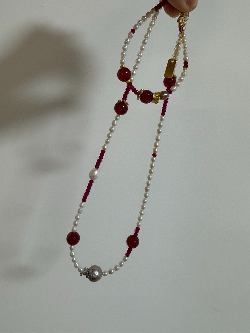 #PN221 Wonderland |Freshwater Pearl Necklace & Bracelet Set |Ruby|Strawberry Quartz |Baby Baroque Pearl |Metallic Edison Pearl