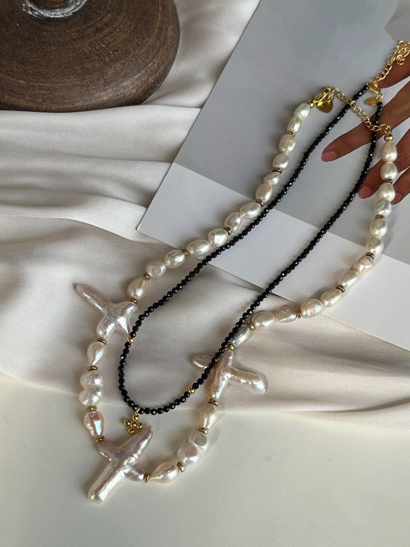 #PN55 White Rose| Freshwater Pearl Necklace |Double-layered|Black Spinel|Big Cross Shaped Pearl|Baroque Pearl |Can Wear Separately