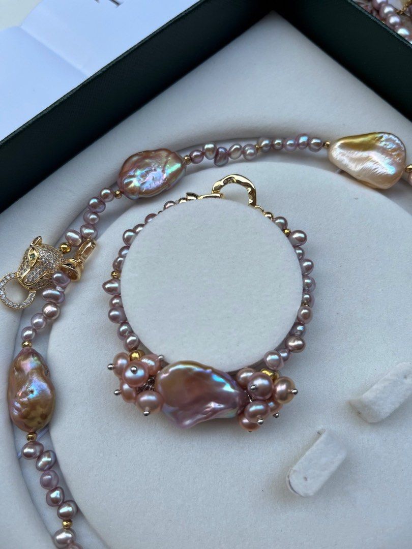 #PN167 [Floral Series] Gilt & Purple Big Baroque Pearl Necklace & Bracelet Set |Zircon Leopard Clasp