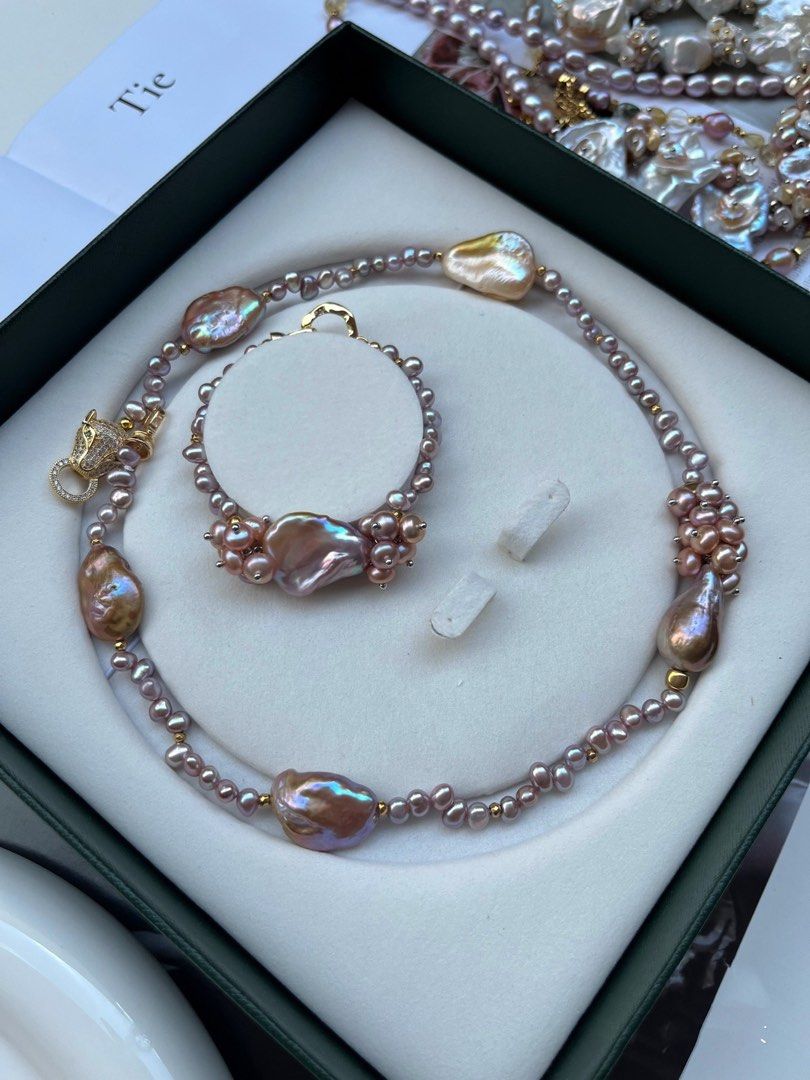 #PN167 [Floral Series] Gilt & Purple Big Baroque Pearl Necklace & Bracelet Set |Zircon Leopard Clasp