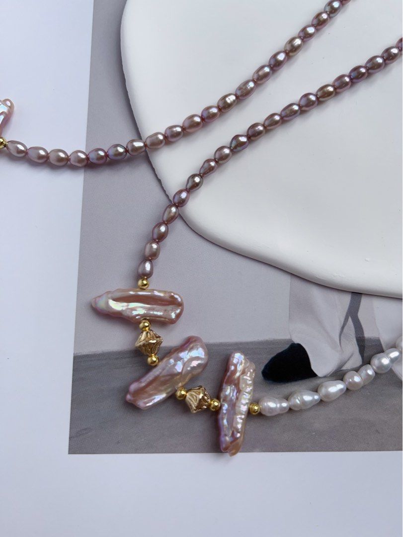 #PN76 [Hybrid Design] Freshwater Pearl Necklace |Half White Half Purple |Baroque Pearl |Gourd Shaped |Lute Shaped |Lustrous