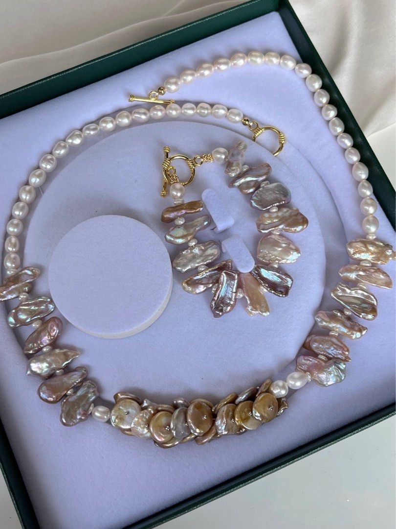 #PN24 [Floral Series] Under the Sea |Freshwater Pearl Necklace & Bracelet Set | Coin Pearl Made into Petals|Big Lute Shaped Pearl |Lustrous