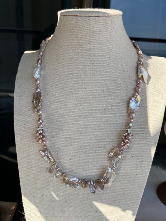 #PN158 [Floral Series] Pure Purple |Freshwater Pearl Necklace |Long |Irregular Big Baroque Pearl |Pearl Flowers|Purple & Silver